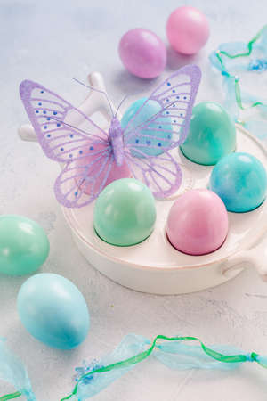 Pastel Easter eggs and spring concept.の写真素材