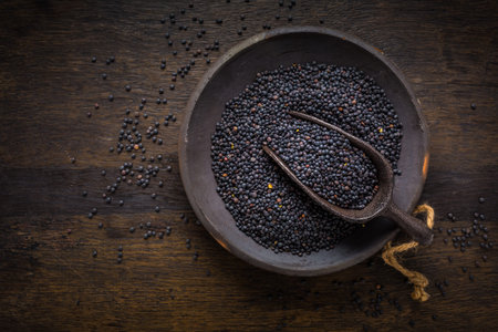Beluga lentils (Vigna mungo) in bowlの写真素材