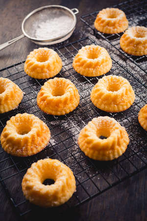 Gugelhupf - homemade lemon cheesecake as bundt cakes on black backgroundの写真素材