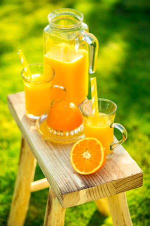 Two glasses of tasty freshly squeezed orange juice on garden stool on green lawnの写真素材