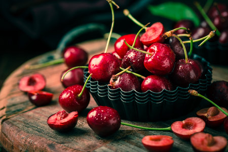 Organic cherries in bowl with baking pan on kitchen table