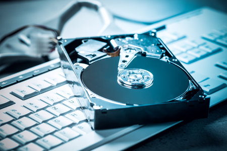 Hard drive on keyboard in blue tone