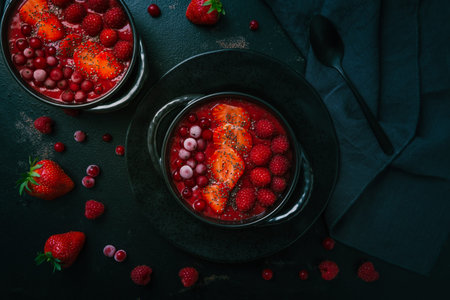 Breakfast red smoothie bowl with chia seeds, strawberry, raspberry and redcurrants on black...