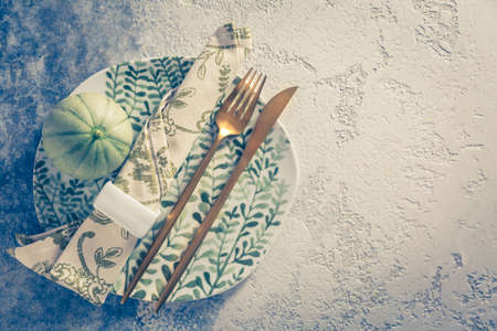 Place setting for Thanksgiving in vintage style copy space for your textの写真素材
