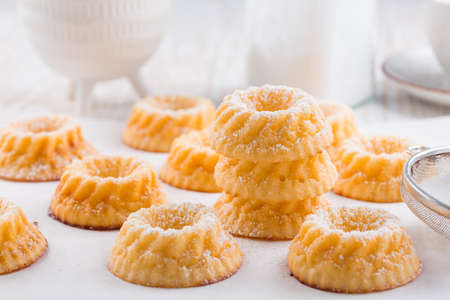 Small sponge cakes with cottage cheese. Ring cakes on white background.の写真素材