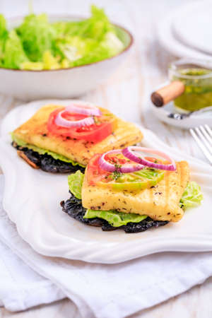 Portobello mushroom open sandwich or burger with grilled halloumi cheese and onionsの写真素材