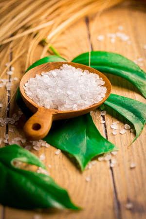 Spa salt with green leaf on wooden table. Healthy relaxation, therapy and treatment. Alternative lifestyle. Relax in bath.の写真素材