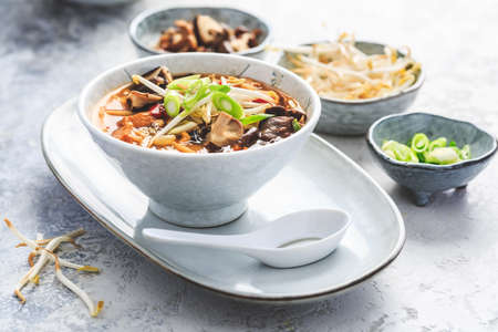 Asian soup with shiitake mushrooms, noodles, vegetables and bamboo sproutsの写真素材