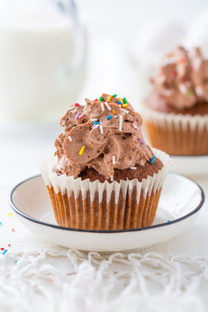 Homemade chocolate cupcakes with chocolate whipping creamの写真素材