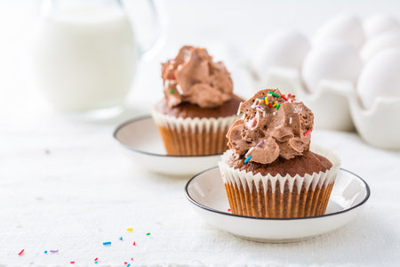 Homemade chocolate cupcakes with chocolate whipping creamの写真素材