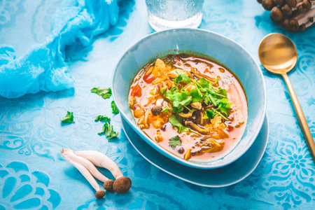 Thai chicken red curry. Thailand tradition red curry soup with chicken, mushrooms and coconut milk...