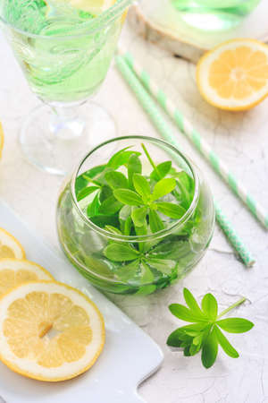 Homemade woodruff lemonade with lemon (Galium odoratum)の写真素材