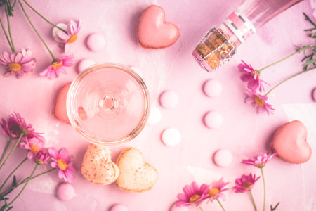 Happy Mothers Day - sweet macarons and glass of rose sparkling wine with flowers in pink toneの写真素材