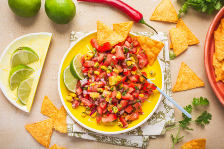 Tex Mex Pico de Gallo tomato salsa or salad with nacho tortilla chips.の写真素材