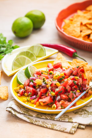Tex Mex Pico de Gallo tomato salsa or salad with nacho tortilla chips.の写真素材