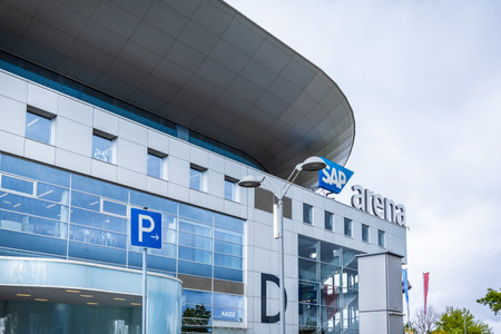 Mannheim, Germany - August 05, 2023: Building and Logo of SAP Arena, multi-purpose arena for sport events and concerts, one of the most high-tech in Europeのeditorial素材