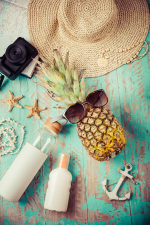 Summer vacation accessories, travel or vacation concept. Summer background.の写真素材