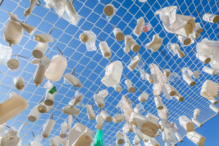 Plastic containers in fishing net against blue sky -  concept of garbage, water pollution, environmental issueの写真素材