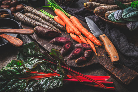 Organic raw winter vegetables on kitchen table with carrots, chesnuts, chard, kaleの写真素材