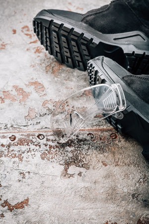 Workwear for craftsman - safety footwear and gogglesの写真素材