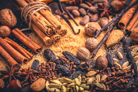 Christmas spices and baking ingredients, assorted condiments for baking, mulled wine and cookingの写真素材