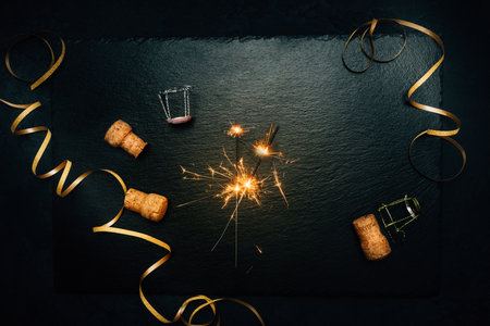 Happy New Year - celebration with sparkler, streamer on black backgroundの写真素材