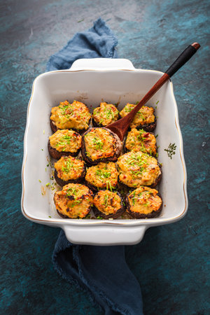 Oven baked stuffed mushrooms - mushrooms with cream cheese and dried tomatoes in casseroleの写真素材