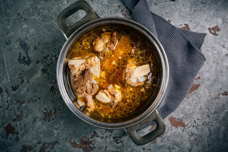 Homemade beef bone broth, rich in collagen, amino acids and proteinsの写真素材