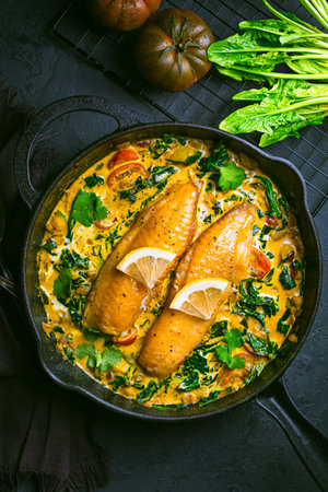 Red curry with spinach, coconut milk and baked fish in a panの写真素材