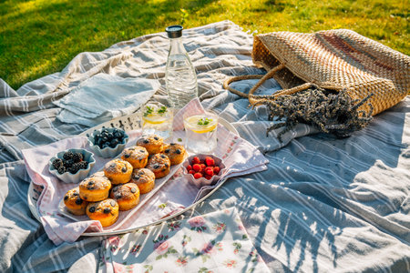 Picnic in a park with homemade muffins, lemonade and berriesの写真素材