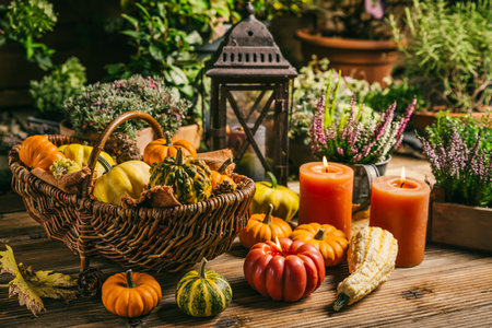 Beautiful autumn terrace and patio decoration with pumpkins, lanterns, plants and flowersの写真素材