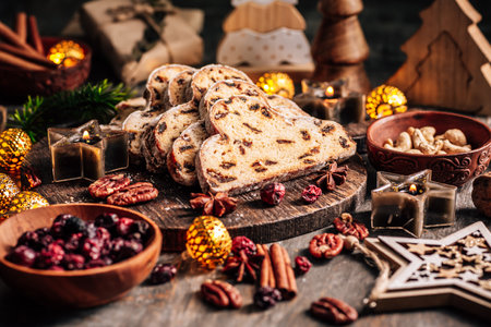 Christmas stollen on wooden background. Traditional Christmas German dessert with nuts, raisins with marzipanの写真素材