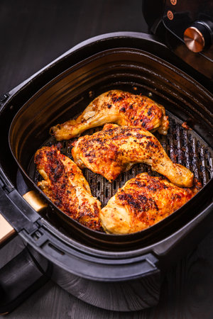 Chicken legs and pieces prepared in airfryer, modern cooking - preparing juicy BBQ meatの写真素材