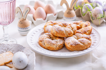 Easter wreath bread, traditional Easter holiday baking, sweet bun cakesの写真素材