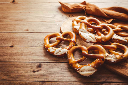 Fresh homemade baked German pretzel with sea salt on wooden table. Classic beer snack, baked pastry.の写真素材