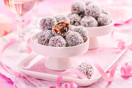 Energy protein balls with healthy ingredients, made with dates, peanut butter, flax and chia seeds, oats, almond and chocolate dropsの写真素材