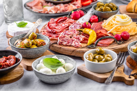 Assorted appetizers and antipasti platters on wooden tray, catering concept with meats and cheeseの写真素材