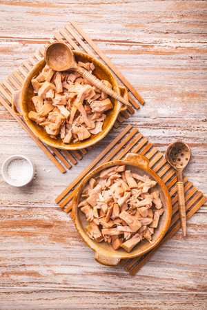 Canned Jackfruit, boiled with salt, prepared for cooking, healthy vegan meat replacement