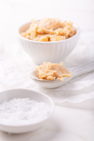 Homemade greaves, hearty lard with greaves as a spread for bread in a bowlの写真素材