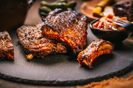 Barbecue pork spare ribs from air fryer with fermented vegetables