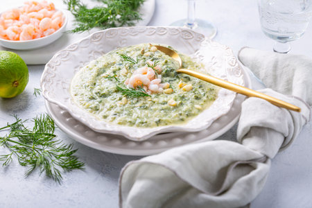 Creamy vegetable soup with shrimps and herbsの写真素材