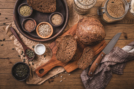 Gluten free bread, homemade paleo or ketogenic bread with seeds, nutsの写真素材