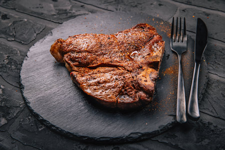 T-bone grilled beef steak with spices on black serving plateの写真素材