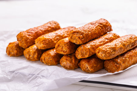 Raw south european skinless sausages cevapcici made of ground meat and spicesの写真素材