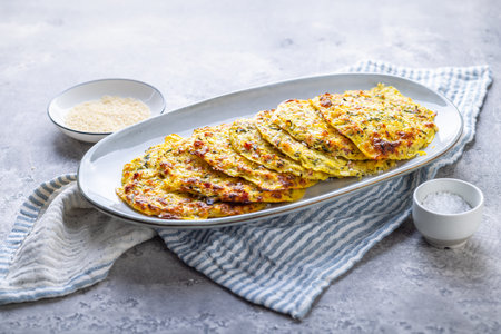 Low carb zucchini and vegetable pancakes on kitchen table