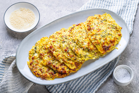 Low carb zucchini and vegetable pancakes on kitchen table