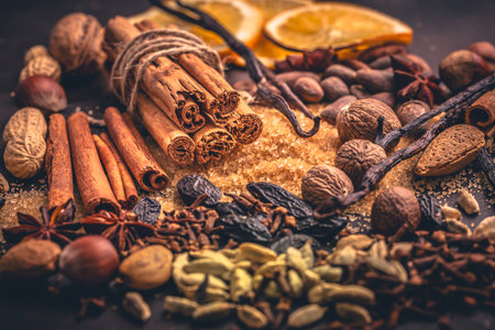 Warm winter spices featuring star anise, cinnamon, dried orange, cloves and nutsの写真素材