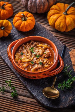 Warm stew with meat, cabbage and pumpkin, comfort autumn dinner balanced foodの写真素材