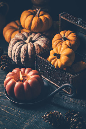 Still life with pumpkins and vintage candle, Thanksgiving arrangement in autumn colorsの写真素材