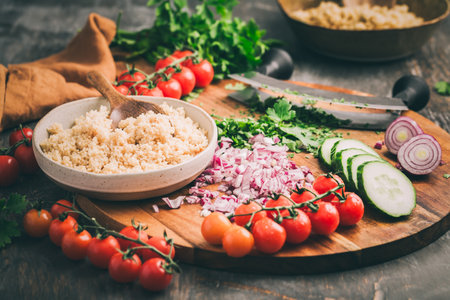 Ingredients for homemade Tabouleh couscous  salad with fresh vegetables and herbs on cutting boardの写真素材